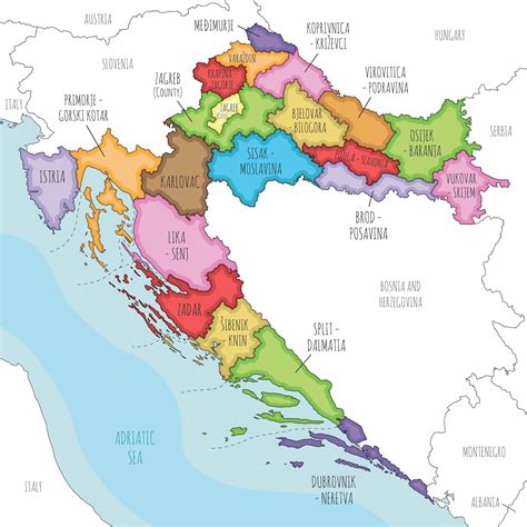 illustrated regional map of Croatia with counties, capital city and administrative divisions ...