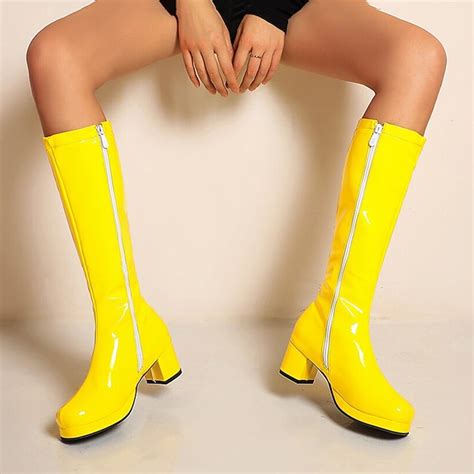 Women's White Patent Knee-High Platform Boots with Side Zipper ...