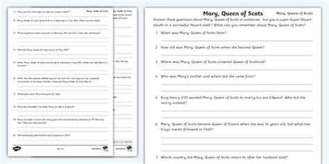 Mary, Queen of Scots Questions Activity Sheet (teacher made)