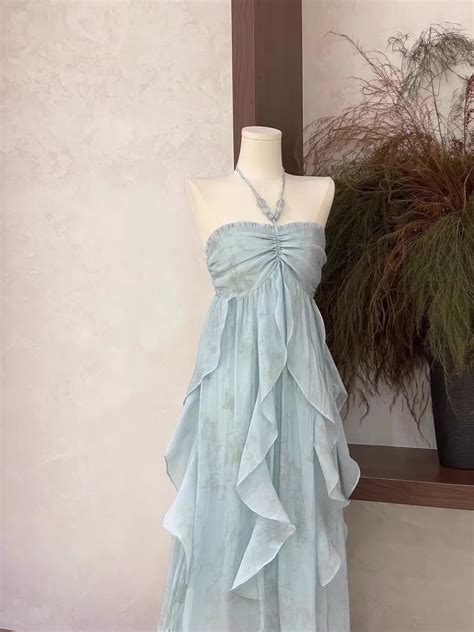 Cute A line Halter Ruffled Floral Blue Women’s Long Vacation Dresses ...