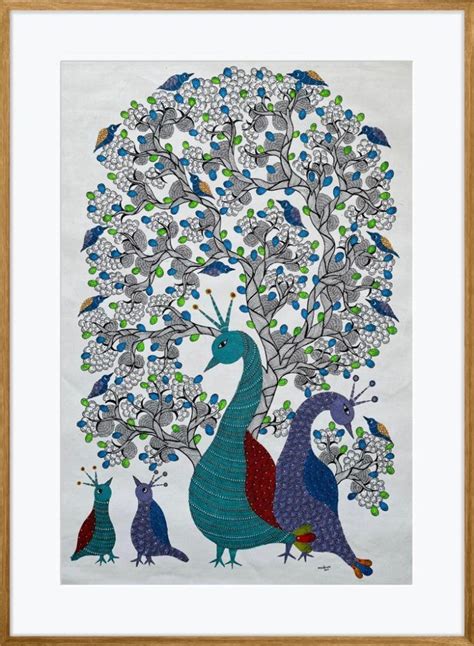 Gond Art Peacock With Baby Under A Tree– Gi Heritage
