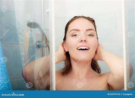 Woman Showering in Shower Cabin Cubicle. Stock Photo - Image of closeup ...