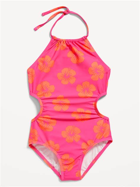 Old Navy - Printed Halter Side-Cutout One-Piece Swimsuit for Girls pink