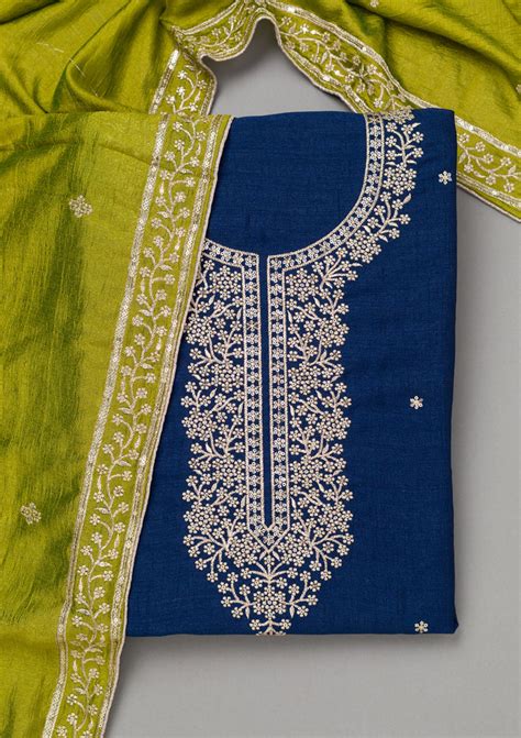 Buy Royal Blue Zariwork Soft Raw Silk Unstitched Salwar Suit - Koskii