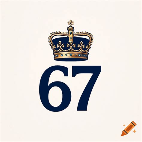 A gold and blue crown is placed above the large navy blue numbers "67 ...