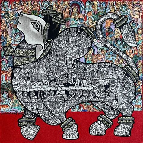 "Nandi 4": Red Acrylic Painting (18x18) by Vivek Kumavat – ArtZolo.com