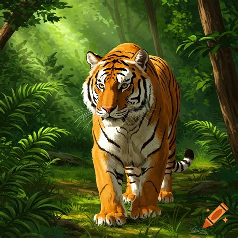 A majestic tiger walks through a lush green jungle. Illustrated. on Craiyon