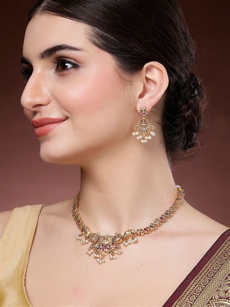 Karatcart Gold Plated Red and Green Stones Laxmi Mata Temple Jewellery