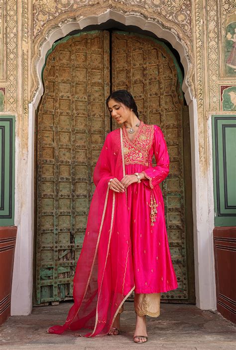 Shocking Pink Overlap Frockstyle Raag Kurta Set – Misri By Meghna Nayyar