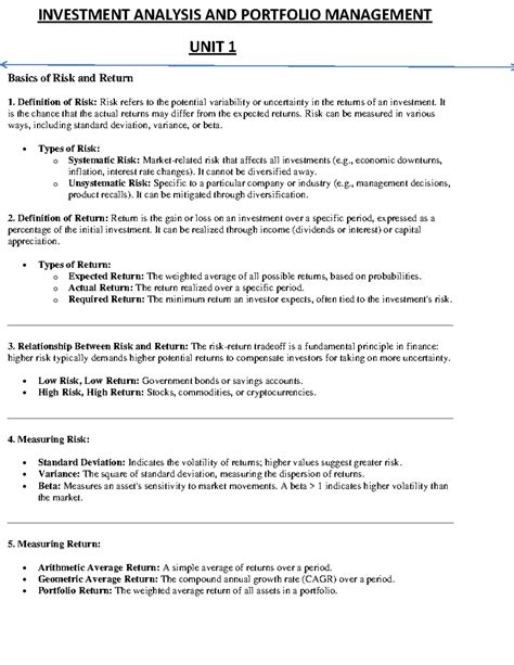 INVESTMENT ANALYSIS AND PORTFOLIO MANAGEMENT UNIT 1: Risk and Return ...