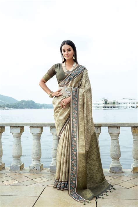 Beige Zari Work Soft Silk Saree for Women – Kalyanja