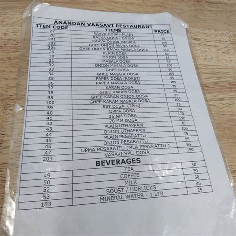 Menu at Anandan Vaasavi Vegetarian Restaurant, Tirupati