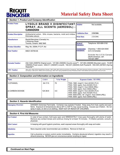 Material Safety Data Sheet For Lysol Disinfectant Spray - Captions ...