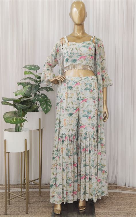 Off-White Bird Georgette Crop-Top & Sharara Set