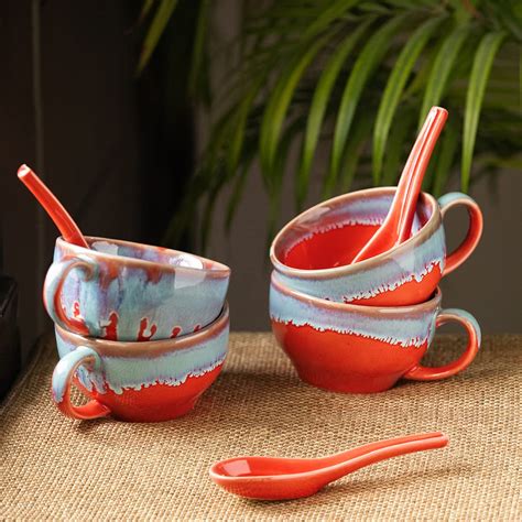 ExclusiveLane Ceramic Handled Soup Bowl with Spoon | 'Coral Reef' Hand ...