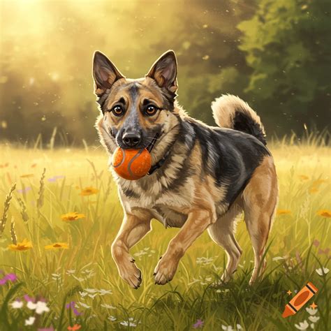 A happy German Shepherd-like dog with an orange ball in its mouth runs ...