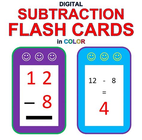 Digital Subtraction Flash Cards in Color (1-9 Shuffled Twice) (Memorize ...