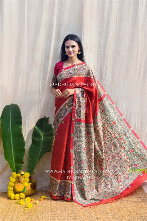 'MITHILA MAYURI' Handpainted Madhubani Tussar Silk Saree Blouse Set ...