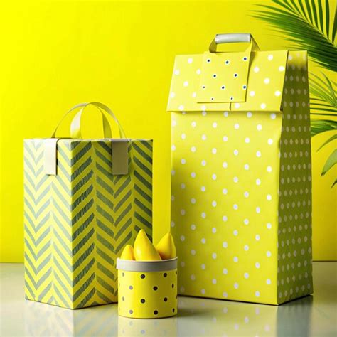 Template mockup of bright yellow packaging with lemons and patterns ...