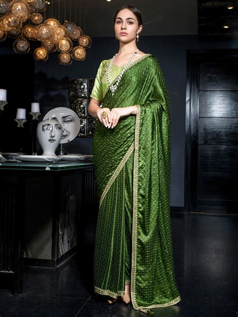 ⚡️Buy Beautiful Green Zari Weaving Satin Mehendi Wear Saree With Blouse ...