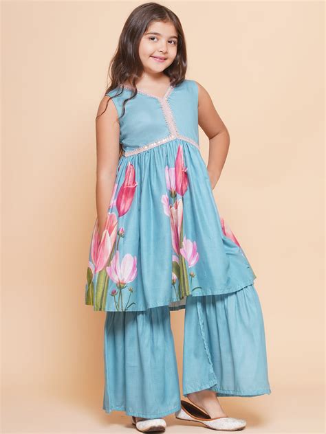 Bitiya by Bhama Girls Turquoise Blue Printed Alia Design Kurta & Shara