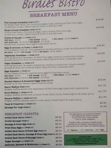 Menu at Birdies Bistro cafe, Hayle