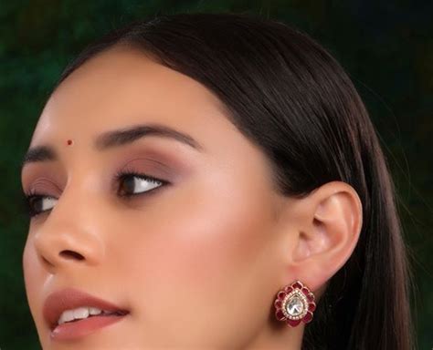 Gold Toned Maroon Handcrafted Brass Stud Earrings