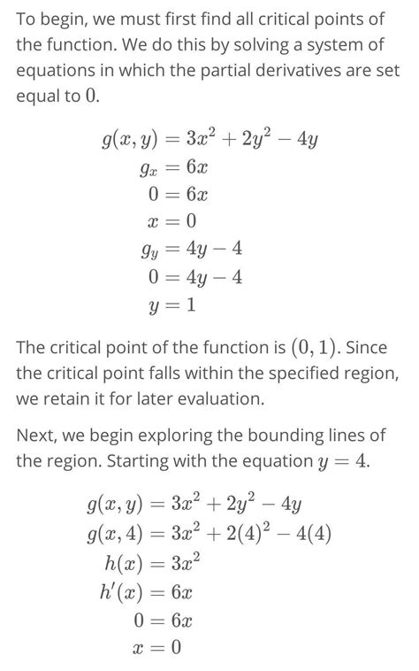 The absolute maxima of the function\n g(x, y) = 3x^2 + 2y^2- 4y in the ...