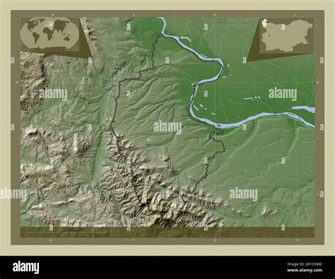 Vidin, province of Bulgaria. Elevation map colored in wiki style with lakes and rivers. Corner ...