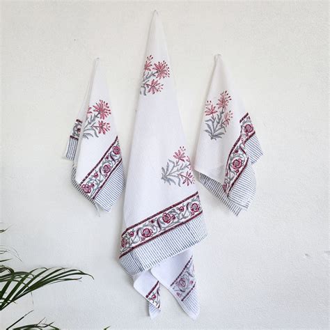 Pure Cotton Hand And Bath Towel Set Block Printed In White And Lavende ...