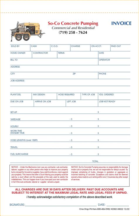 Concrete Pumping Receipt and Invoice