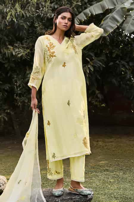 Buy Yellow Cotton, Silk, Handloom Cotton, Organza Kai Hand Kurta ...