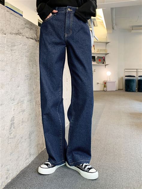 High Waist Straight Leg Jeans | Straight leg jeans outfits, Dark blue ...