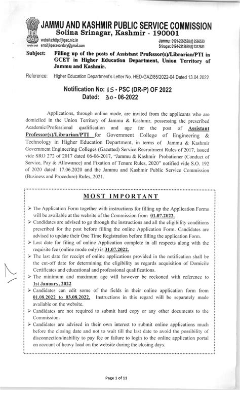 Filling up of the posts of Assistant Professor Librarian PTI in Higher ...