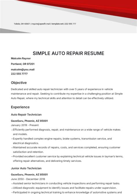Free Simple Auto Repair Resume Template to Edit Online