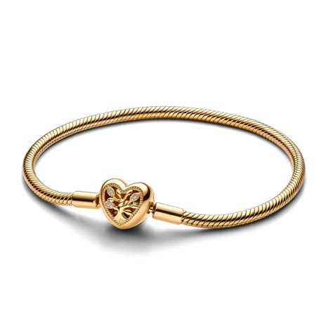 Pandora 14k Gold-Plated Family Tree Heart Clasp Snake Chain Bracelet ...