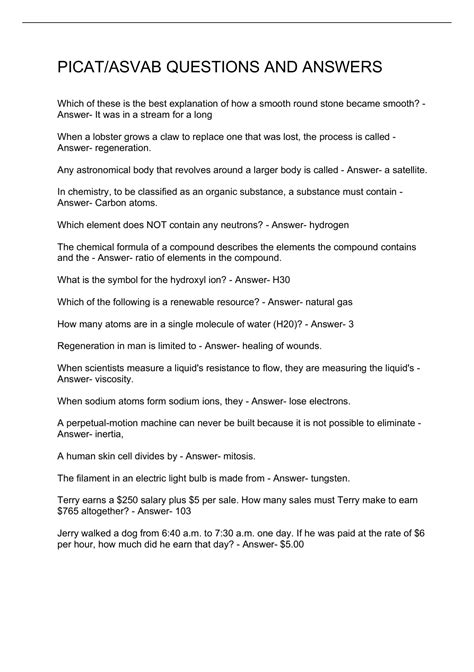 PICAT-ASVAB QUESTIONS AND ANSWERS/ASVAB PICAT VERIFICATION TEST/Picat ...