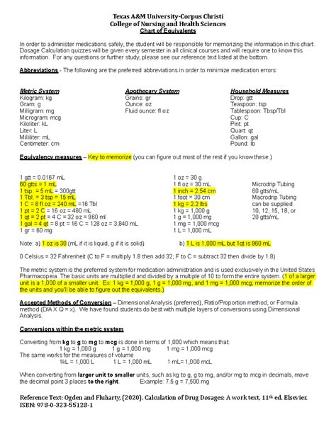 Equivalency Chart - notes - Texas A&M University-Corpus Christi College ...