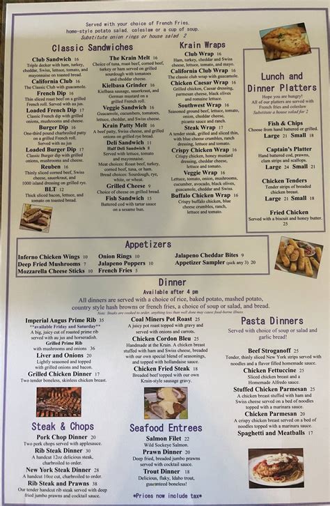 Menu at Krain Corner restaurant, Enumclaw