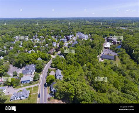 Aerial view of Medway historic town center and Village Street in summer ...