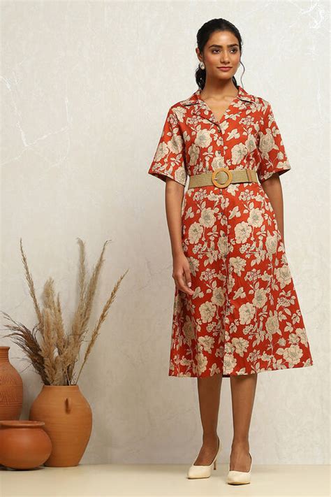 Rust Pure Cotton Floral Printed Straight Dress at Biba India