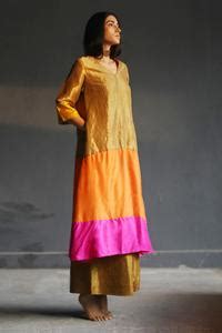 Buy Multi Color Silk, Handloom Tissue V Neck Kurta For Women by Shorshe ...