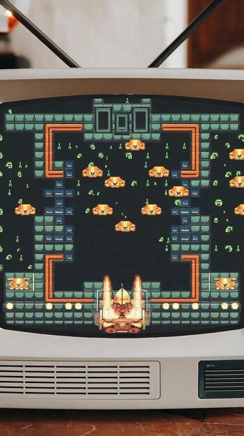 Close up footage of a retro tv set screen with an 8 bit 2d eighties ...