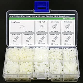 M3 Nylon Screws Washer Nut Assortment Kit,Phillips Pan Head,Pack of 600 ...