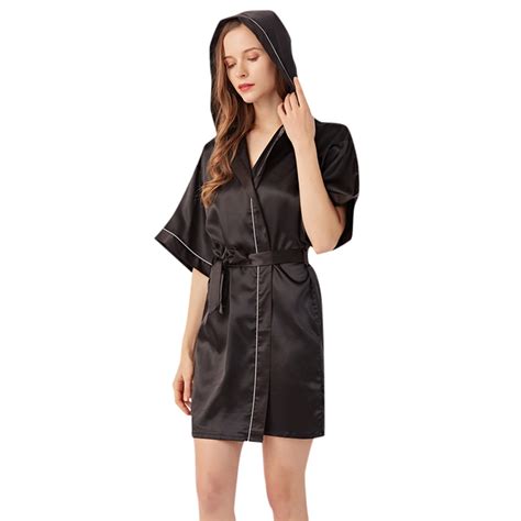 DuoJiaJ Women's Hooded Silk Robes Satin Kimono Robe Short Silky ...