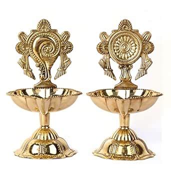 Buy Satvik 2 Pc Pair of Brass Designer Shankh Chakra Diya Traditional ...