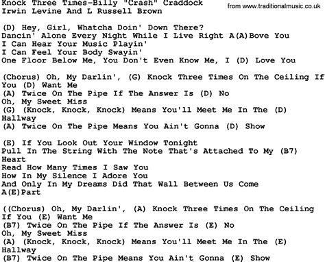 Country Music:Knock Three Times-Billy Craddock Lyrics and Chords