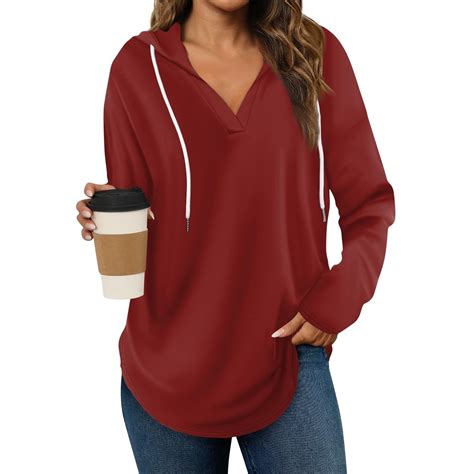 Blmnix Casual Tops for Women Red Blouse Solid Long Sleeve Hooded ...