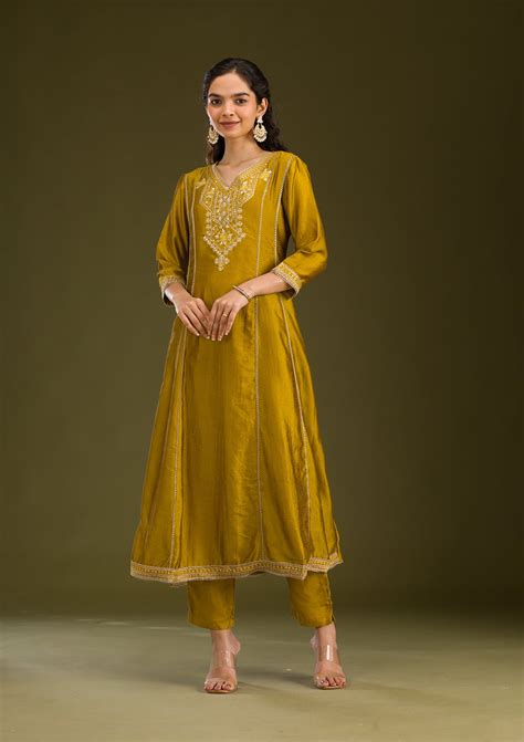 Buy Mustard Threadwork Raw Silk Readymade Salwar Suit - Koskii
