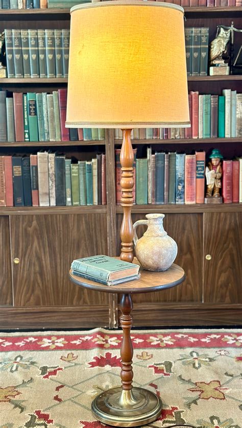 Vintage Mid Century Wood Floor Lamp With Table Brass Bottom - Etsy